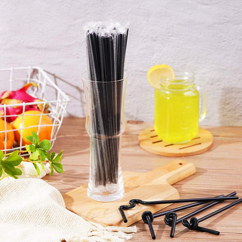 200 Pcs Individually Packaged Black Plastic Extra Long Flexible Disposable Drinking Straws (10.2" long, 0.23" diameter)