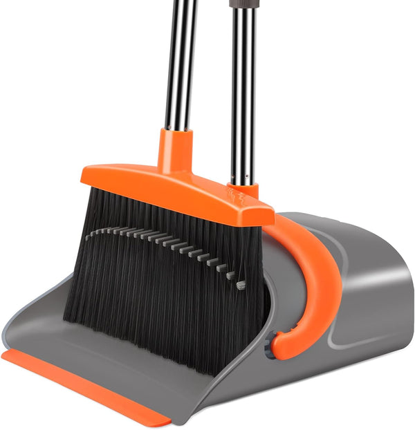 Broom and Dustpan Set for Home, Combo for Office with Long Handle Broom & Upright Standing Dustpan (Gray & Orange)