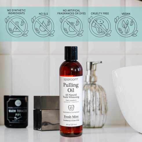 SpaRoom Ayurveda Pulling Oil Mouthwash and Tongue Scraper, Coconut Oil and 7 Essential Oils, 8 Fl. Oz