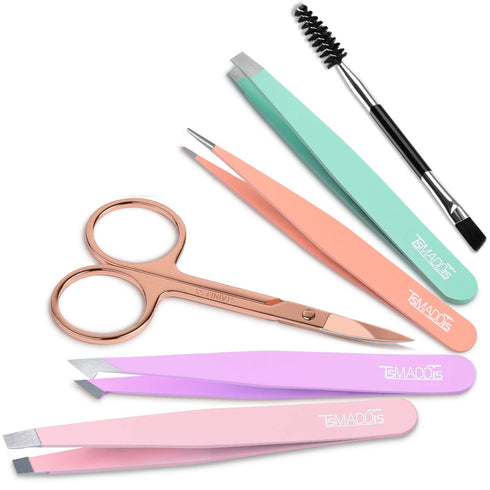 TsMADDTs 6 PCS Tweezers Set for Women, Eyebrow Tweezers with Curved Scissor for Ingrown Hair, Daily Beauty Tools with