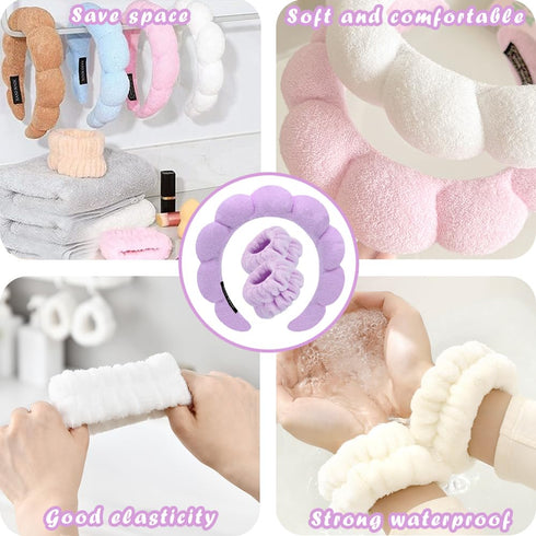 Spa Headbands for Washing Face, Wristband Set, Soft Terry Towel Cloth Hairband for Women, Puffy Headwear (Purple)