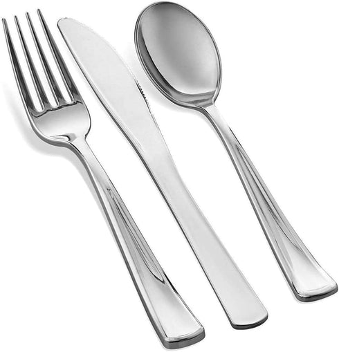 125 Piece Silver Dinnerware Party Set - 50 Silver Rim Plastic Plates, 25 Dinner Plates, 25 Dessert Plates, 25 Forks, 25