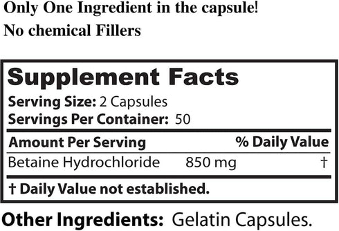 Dr. Clark Betaine HCL Digestive Enzymes, 100 Gelatin Capsules, 425 mg for Optimal Digestion & Acid Reflux