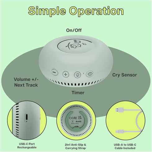 MMOBIEL 20 Portable White Noise Sound Machine for Baby by Soothing Sounds, Cry Sensor, Timer, USB-C Rechargeable Travel