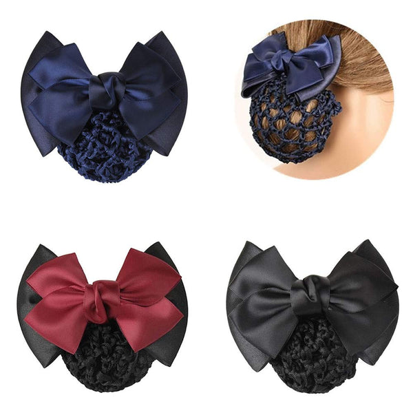 TXIN 3 Pieces Hair Snood Net Bun Cover, Knit Hairnet Bow Decor Barrette for Women, Black & Navy Blue & Red