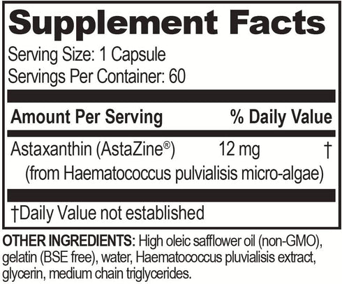 Brain Basics Ultra Pure Astaxanthin, 12mg AstaZine with 6mg Vitamin E, Non-GMO Supplements for Memory