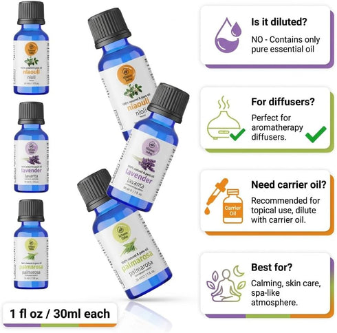 Hikona Heka Set 100% 1 oz 3-Pack Essential Oils for Diffusers Lavender, Palmarosa & Niaouli, Pure Undiluted Essential