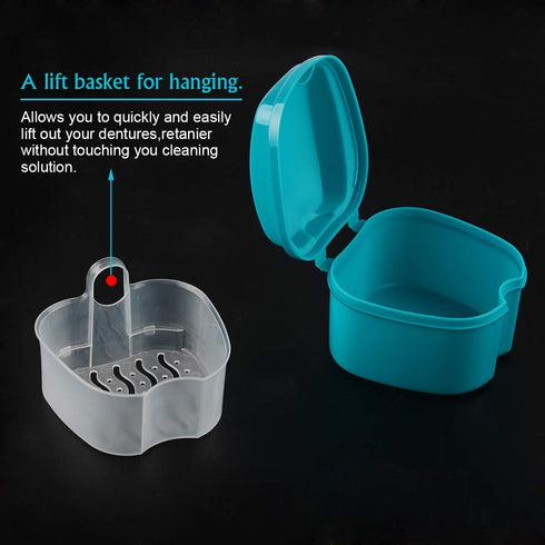 Coolrunner Denture Case - Denture Cup with Strainer, Storage Box for Travel, Retainer Cleaning (Green)