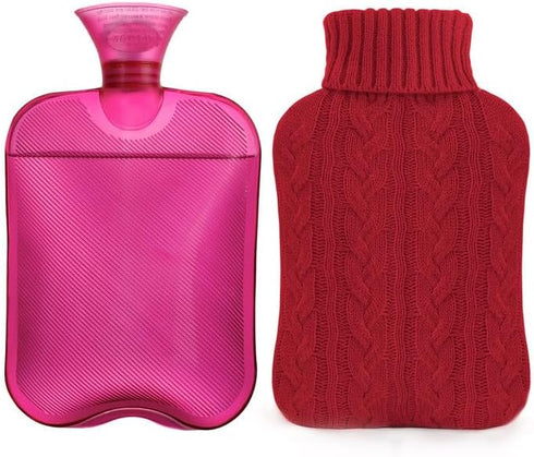 samply Hot Water Bottle with Knitted Cover, 2L Hot Water Bag for Hot and Cold Compress, Pain Relief, Red