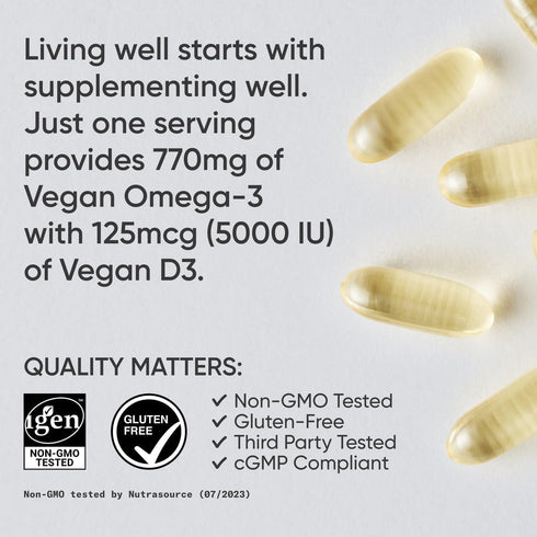 Sports Research Vegan Omega-3 Softgels with Vitamin D3 - 630mg EPA+DHA & 125mcg D3 - 60 Veggie Capsules