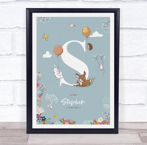 The Card Zoo New Baby Birth Details Christening Nursery Woodland Animals Initial S Gift Print