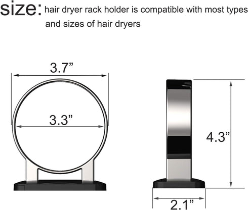 Hair Dryer Holder, Bathroom Cabinet Door Blow Dryer Stand, Wall Mount Holders, Extra Large Rim, Silvery