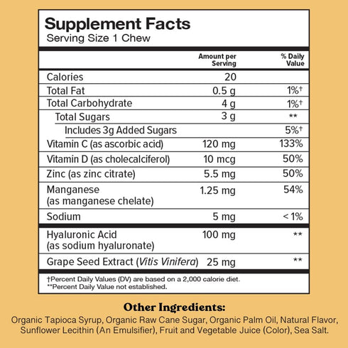 Youthful Skin, Fruity Chews Vitamins, Radiance & Hydration Formula, Hyaluronic Acid, Grape Seed Extract, Antioxidants & Minerals, Vitamins Raspberry Lemonade Flavor 6-Day Supply