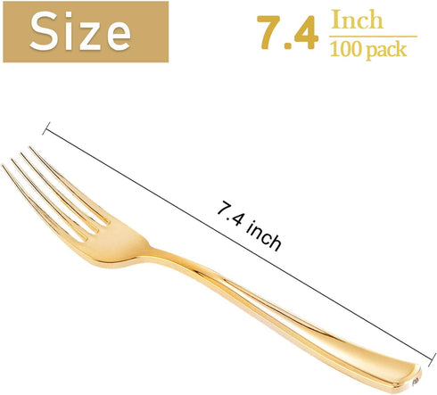 WDF 100 Piece Gold Plastic Forks - 7.4inch Gold Forks Disposable - Gold Plastic Silverware for Dessert Cake - Heavy Duty Plastic Cutlery for Party, Weddings or Daily Using by WDF