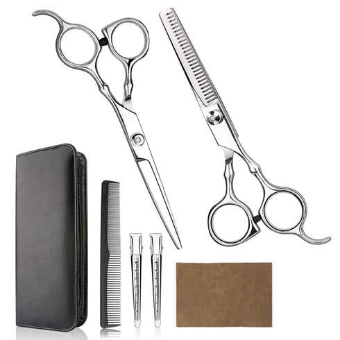 Professional Hair Cutting Scissors Kit - Home Haircutting Barber/Salon Thinning Shears with Comb and Case (Silver)
