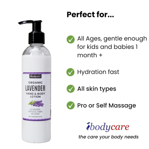 Lavender Massage Lotion Body Moisturizer with Organic Shea Butter & Grapeseed Oil, Vegan, Ideal for Massage Therapy