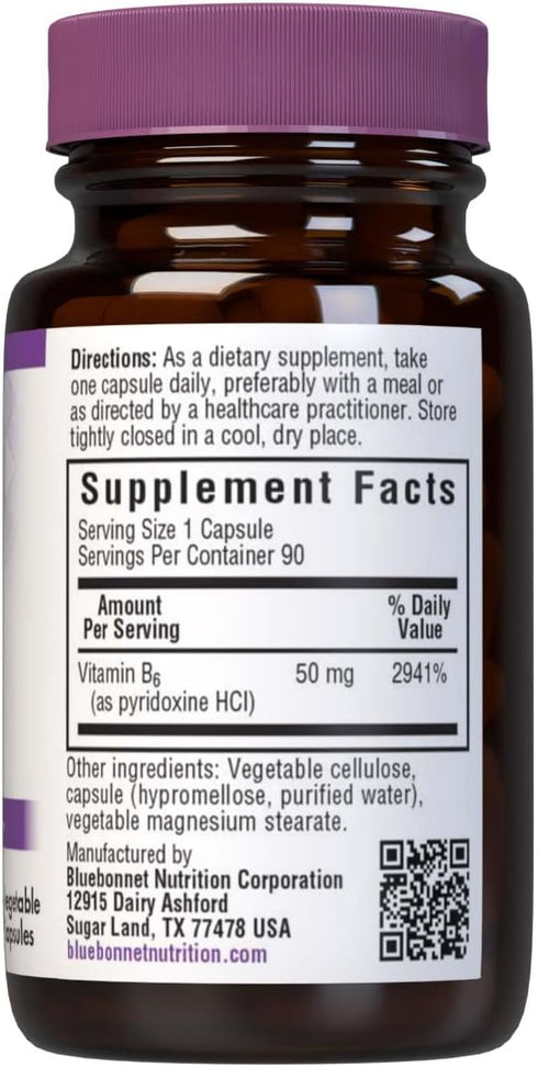 Bluebonnet Vitamin B6 50 Milligrams, 90 Capsules for Energy Support