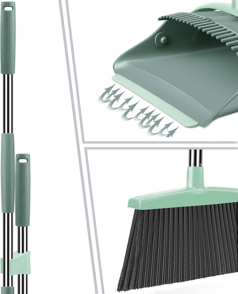 Broom and Dustpan Set with Long Handle, Dustpan Comb, Jade Green Broom and Dustpan Combo for Home