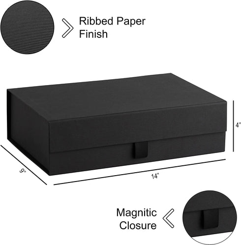 Purple Q Crafts Black Ribbed Hard Gift Box with Magnetic Closure Lid, 14" x 9" x 4" Rectangle Favor Box