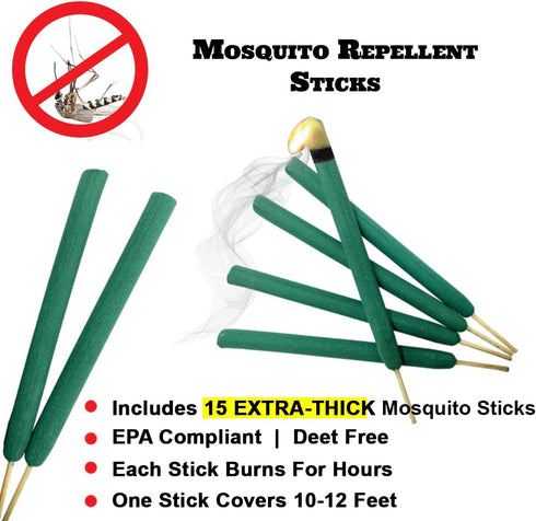 Mosquito Repellent Sticks EXTRA-THICK - Outdoor Use Reaches Up to 10-12 feet - Each Stick Burns for hours - (Three Pack Contains 15 Repellents)
