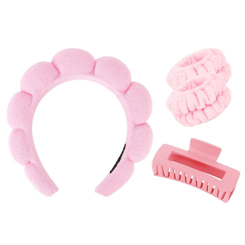 Wecoe Spa Headband Set - Skincare Headband, Hair Clips, Pink Puffy Makeup Headband, Scrunchies, Wrist Towels