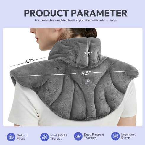 Microwavable Heating Pad for Neck and Shoulders, Weighted Moist Wrap for Pain Relief, Hot & Cold Compress, Grey