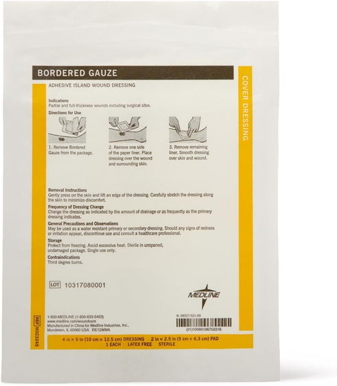 Medline Sterile Bordered Gauze Adhesive Island Wound Dressing, 4" x 5", Count of 15
