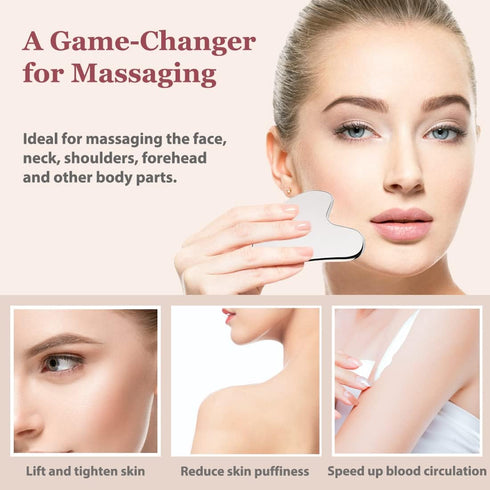 Stainless Steel Gua Sha and Face Roller Set, Facial Tool for Skin Care and Massaging