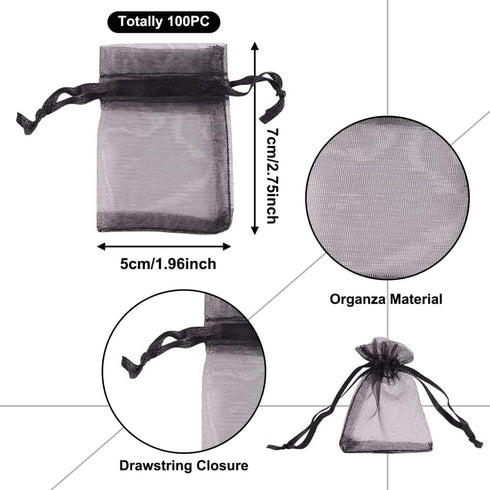 Pandahall 100pcs Black Organza Mini Pouch Bags with Ribbons - Drawstring Gift Bags (1.96x2.75")(5x7cm)