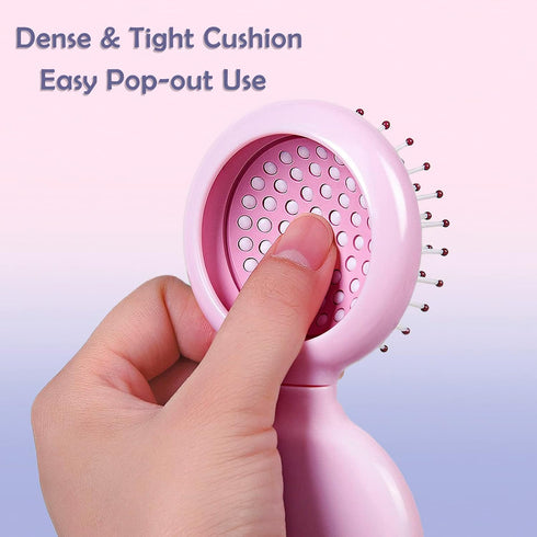 Mini Folding Hair Brush with Mirror, Compact Pop Up Pocket Brush, Small Travel Size Flip Hair Brush for Purse, Pink