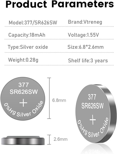 Vtreneg 10 Pack SR626SW 377 376 LR626 377A 626 AG4 1.55V Watch Battery Silver Oxide Button Cell Batteries