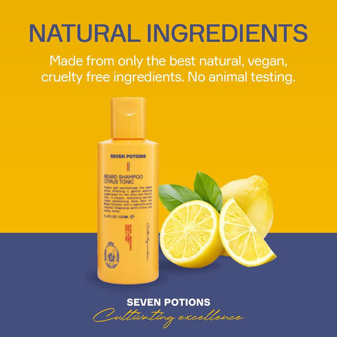 SEVEN POTIONS Beard Shampoo for Men - Natural, Vegan Formula, Gentle Cleansing Wash (Citrus Tonic, 3.4 Fl Oz)