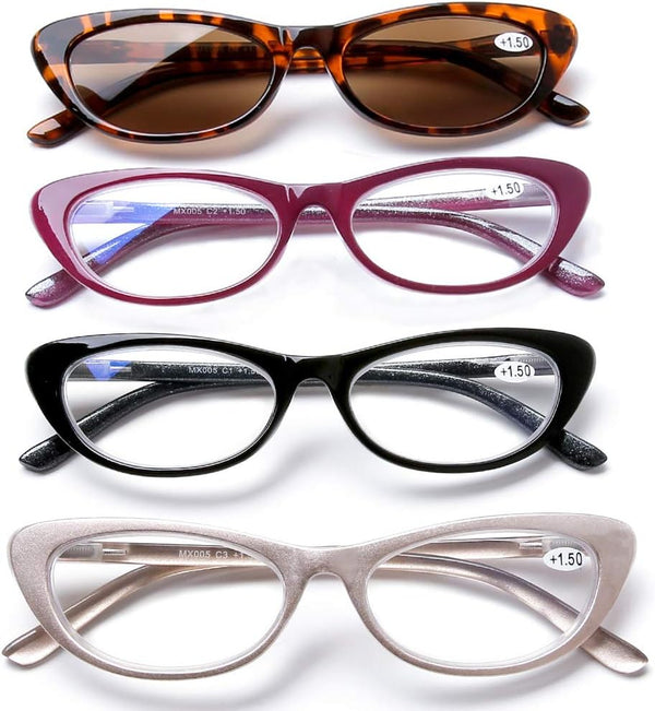 AQWANO Stylish Cat Eye Computer Reading Glasses - 4 Pairs Designer Blue Light Block Eyeglasses for Women, 1.0