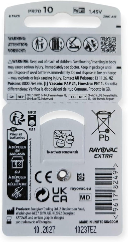 Rayovac 6 10 x Extra Advanced with Active Core Technology - the latest generation of hearing aid batteries