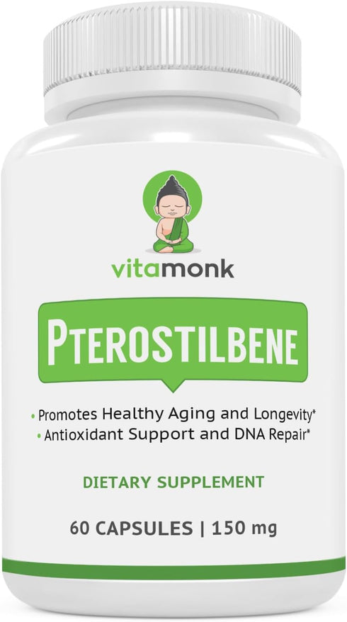 VitaMonk Pterostilbene 150mg Capsules, No Artificial Fillers, 60 Veggie-Caps, Healthy Aging Supplement