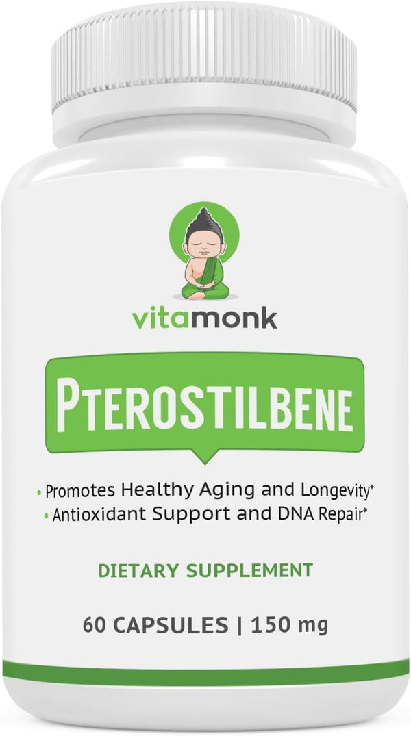 VitaMonk Pterostilbene 150mg Capsules, No Artificial Fillers, 60 Veggie-Caps, Healthy Aging Supplement