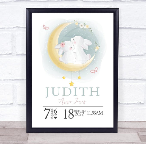 The Card Zoo New Baby Birth Details Christening Nursery Bunny Moon Keepsake Gift Print