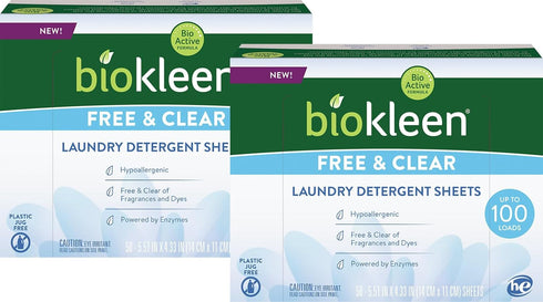 Biokleen Laundry Detergent Sheets, 2 PACK, Free & Clear, Hypoallergenic, 100 Sheets, 200 Loads