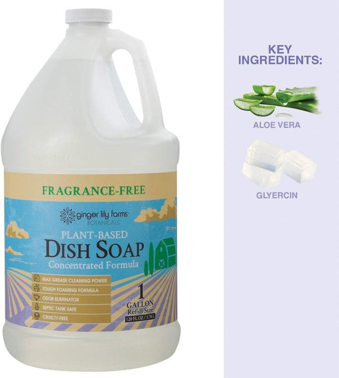 Ginger Lily Farms Botanicals Plant-Based Liquid Dish Soap, Fragrance-Free, 1 Gallon Refill (128 Fl. Oz.)