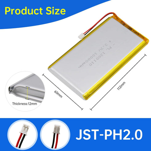 Qimoo 1260110 3.7V 10000mAh 1260110 Pack PH2.0mm Lipo Battery Rechargeable Lithium Polymer Battery with JST Connector