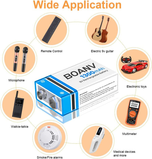 3 PCS 1300mAh 9V Rechargeable Batteries, Long Lasting USB Lithium Battery with 2 in 1 Charging Cable for Smoke