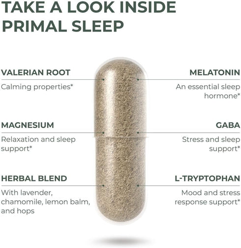 Primal Harvest Primal Sleep Support - 60 Capsules with Valerian Root, L-Tryptophan, GABA, Melatonin