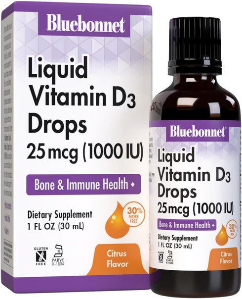 BlueBonnet Vitamin D3 1000 IU, 25mcg Liquid Supplement for Strong Bones & Immune Support, 1 Fl Oz