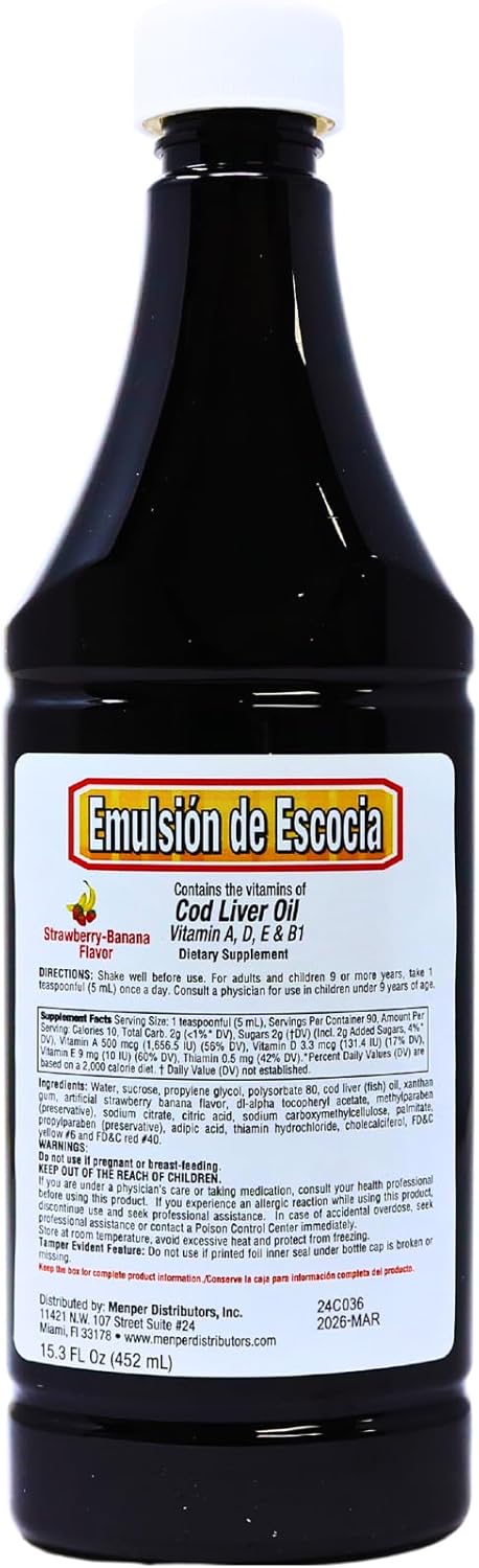 EMULSION DE ESCOCIA Cod Liver Oil Dietary Supplement | Vitamins A, B1, D and E, Strawberry/Banana Flavor