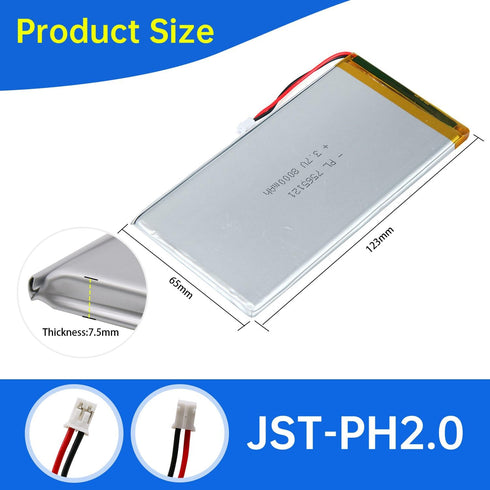 Qimoo 7565121 3.7V 8000mAh 7565121 Pack PH2.0mm Lipo Battery Rechargeable Lithium Polymer Battery with JST Connector