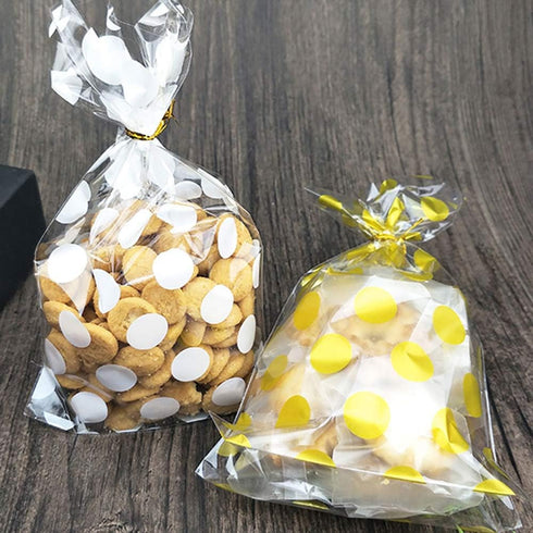 JHere 100 Pack 100Pcs 5.1'' 8.2'' 1.5'' Gold Polka Dot Candy Bags with Gold Metallic Twist Ties, Clear Plastic Treat