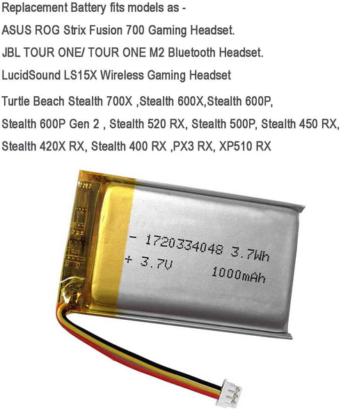 1000mAh 3.7v Battery Replacement for ASUS ROG Strix Fusion 700 Headset, Turtle Beach Stealth 700X,Stealth 600X,Stealth 600P,Stealth 500P Headset, LucidSound LS15X, JBL TOUR ONE, TOUR ONE M2 Headset
