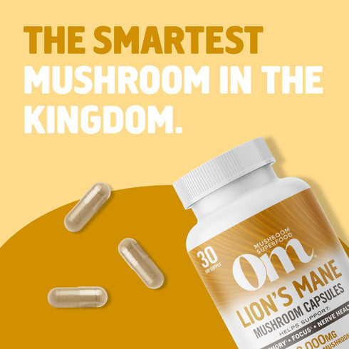 OM MUSHROOM SUPERFOOD Lion's Mane Mushroom Capsules, Superfood Supplement, 90 Count, 30 Day Supply