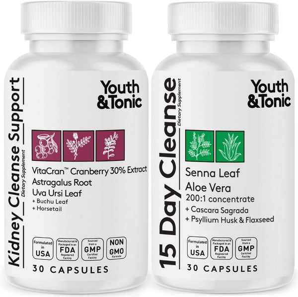 Youth & Tonic 15 Day Colon & Kidney Cleanse – Detox Pills for Bloating, Gut, Bladder, Urinary Tract & Kidney Support