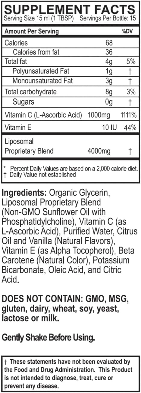 Vitamin C Liquid Supplement, 1000mg per Serving, Micelle Liposomal Enhanced Absorption, Vegan, 15 Day Supply